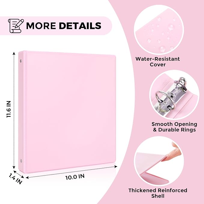 SKYDUE 3 Ring Binder 2 Pack, 1 Inch Clear View Binders with 2 Interior Pockets（Fit 8.5x11 Inches）, Round Ring Binder for Office & School Supplies Organize, Pink