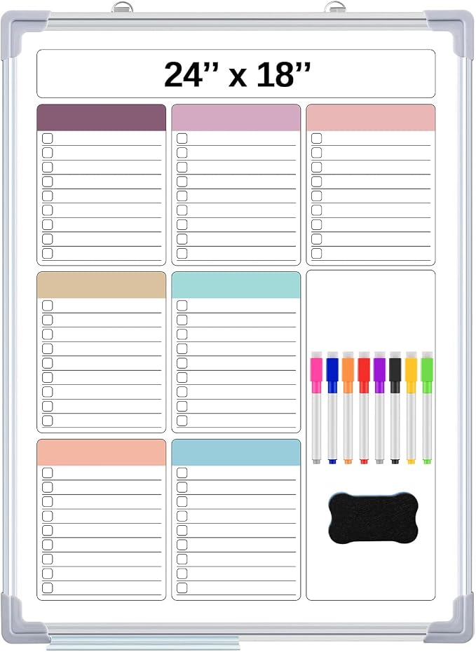 24" x 18" Magnetic to Do List Whiteboard, Weekly Planner, Soft | Large Weekly Dry Erase Board, Double-side Wall Whiteboard Calendar for Planning Drawing Memo, School Home Kitchen Office