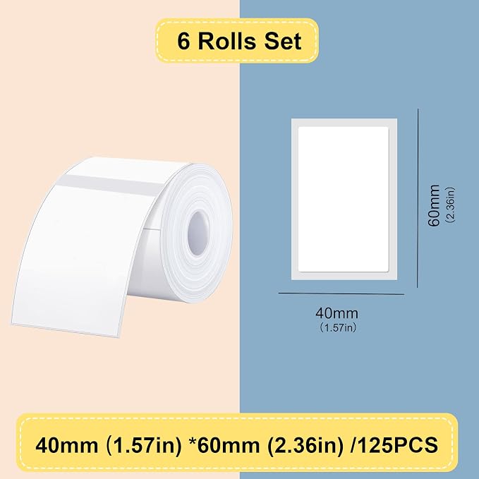 Thermal Labels Maker Tapes for B21/B3S/B1 Printer 1.57" X 2.36" (40 X 60mm) | 125 Labels/Roll,Multi-Purpose Adhesive Labels Sticker Paper for Home Office Small Business Address School,6 Rolls White