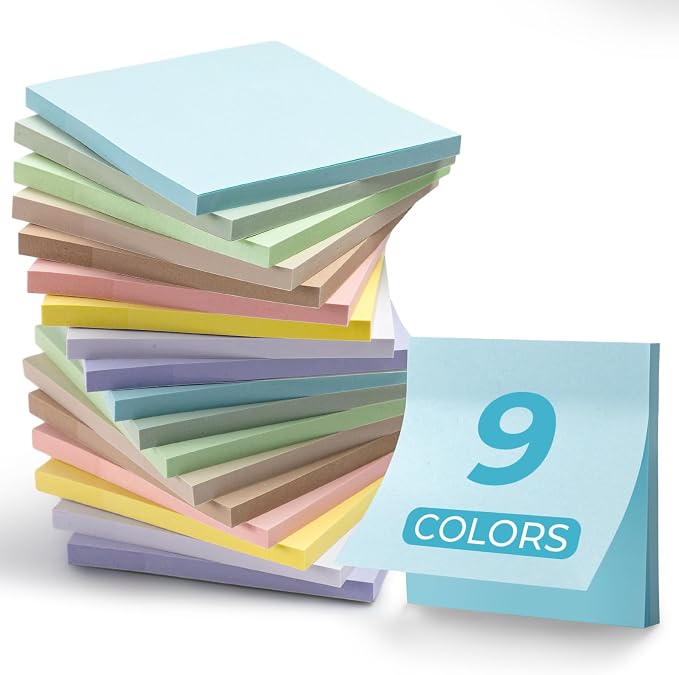 M&G 18 Pads Sticky Notes 3x3 Inch, Self Sticky Notes 9 Soft Pastel Colors, Easy to Stick Self-Stick Note Pads, Office and School Supplies for Home, Desk, and Notebook Use, 50 Sheets/Pad