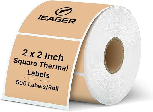 iEager Brown Square Thermal Label Stickers, 2"x2" Self-Adhesive Square Direct Thermal Labels with Perforation Line, 500 Sheets/Roll