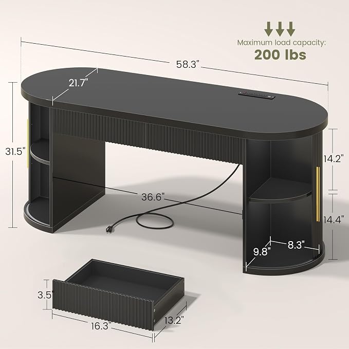 SEDETA 58.3" x 21.7" Fluted Office Executive Desk with 2 Drawers Storage | Black Long Computer Desk with 2 Sliding Doors Shelves and Power Strip, Wood Curve Desk for Work, Writing, Study