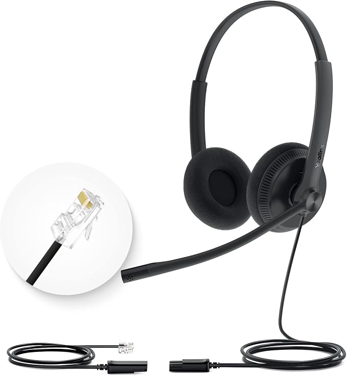 Yealink Phone Headsets for Office Phones YHS34 Lite QD to RJ9 Wired Headset Compatible with Poly Snom Grandstream Phones Desk Landline Headset with Microphone -Dual/111g/2.1m Cable