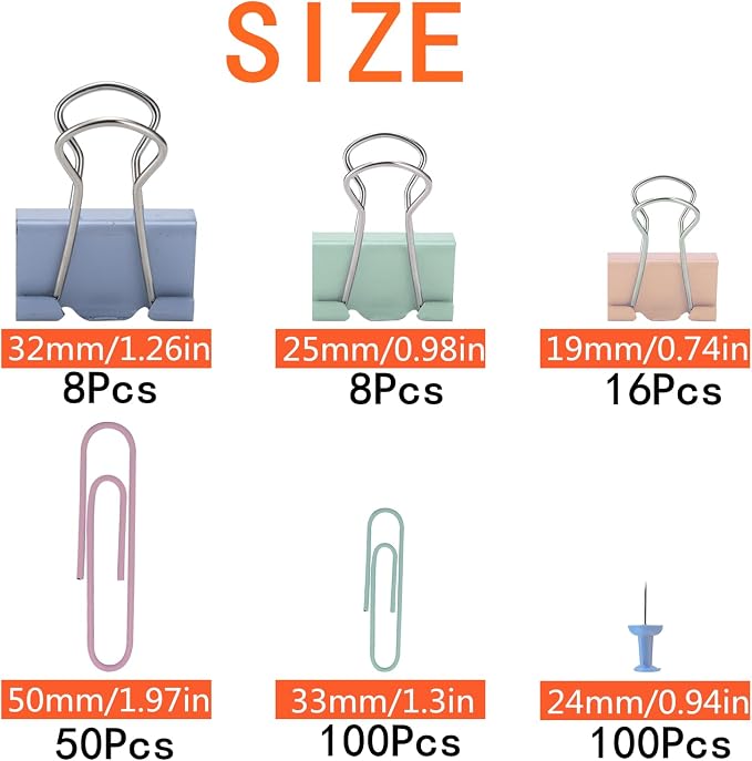 282 Pcs Colored Office Clips Set Binder Clips and Paper Clips Push Pin Colored Assorted Sizes Small Medium Large for Home School Office Supplies