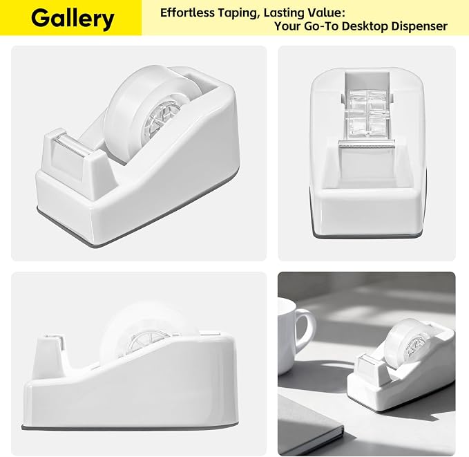 2-Pack Compact Office Tape Dispenser w/ 5 Rolls of 1" Tape, White | Standard 1-Inch Core Clear Tape Roll Holder, Small & Lightweight, Smooth Cut Blade, Rubber Base, Aesthetic Desktop Supplies