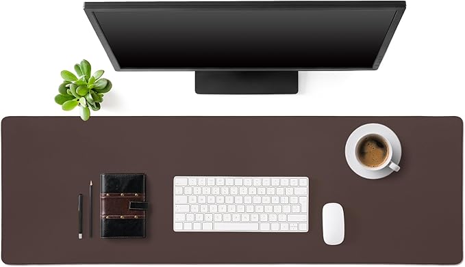 Tegeme Leather Desk Mat Large Desk Pad 47.2 x 15.7 Inch Non Slip Table Protector with Stitched Edges and Rubber Base Dark Brown Stylish Workspace Accessory Laptop Mat Smooth Writing for Home Office