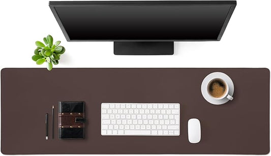 Tegeme Leather Desk Mat Large Desk Pad 47.2 x 15.7 Inch Non Slip Table Protector with Stitched Edges and Rubber Base Dark Brown Stylish Workspace Accessory Laptop Mat Smooth Writing for Home Office