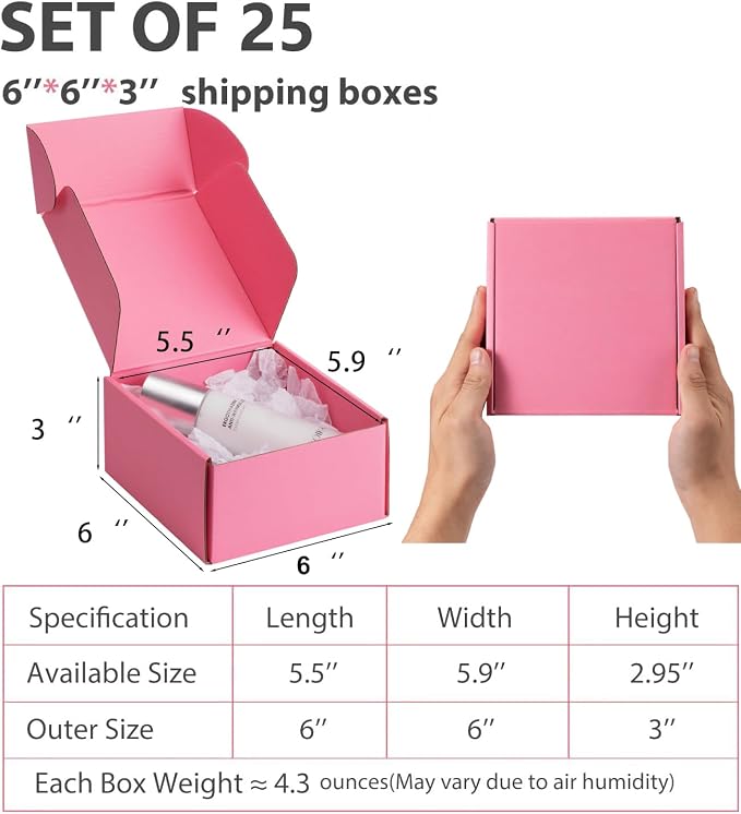 6x6x3 inch Pink Shipping Boxes for Small Business- Set of 25 | Sturdy ECT 32 Corrugated Cardboard Mailer Boxes, Easy Assemble for Packaging, Mailing, Gift Giving & Ecommerce Packing