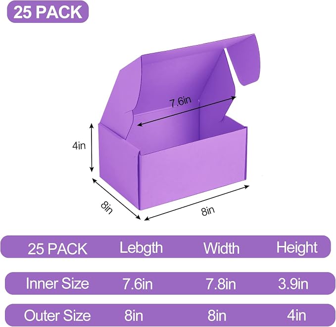 25 Pack Small Shipping Boxes Purple Corrugated Cardboard Box 8x8x4 inches，Corrugated Box for Packaging Small Business,Mailing Packing Literature Mailer,Shipping Gift Boxes