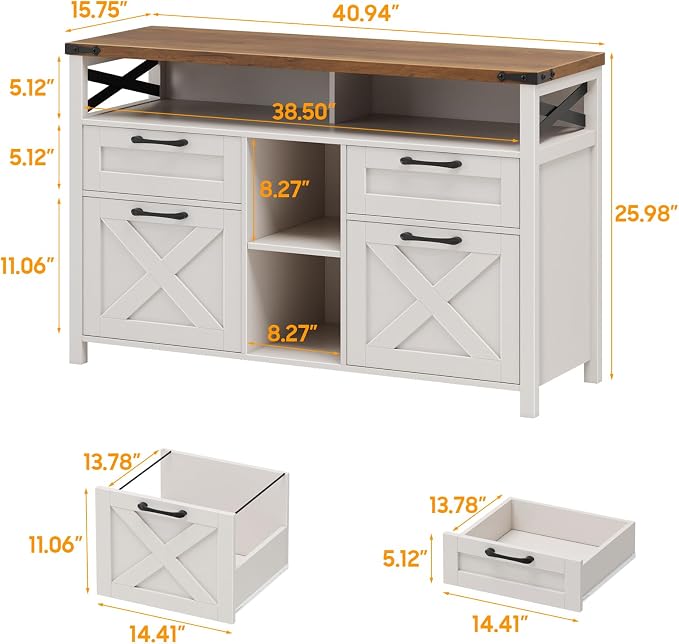 Halitaa File Cabinet with Open Storage Shelf for Home Office, Off White | Farmhouse, Lateral Filing Organization Storage Cabinets, 4 Drawers, Adjustable Shelf, Hanging Files Letter/A4