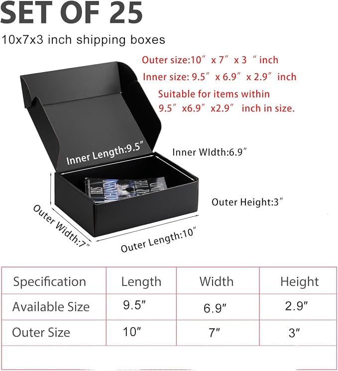 10x7x3 inch Black Shipping Boxes for Small Business- Set of 25 | Sturdy ECT 32 Corrugated Cardboard Mailer Boxes, Easy Assemble for Packaging, Mailing, Gift Giving & Ecommerce Packing