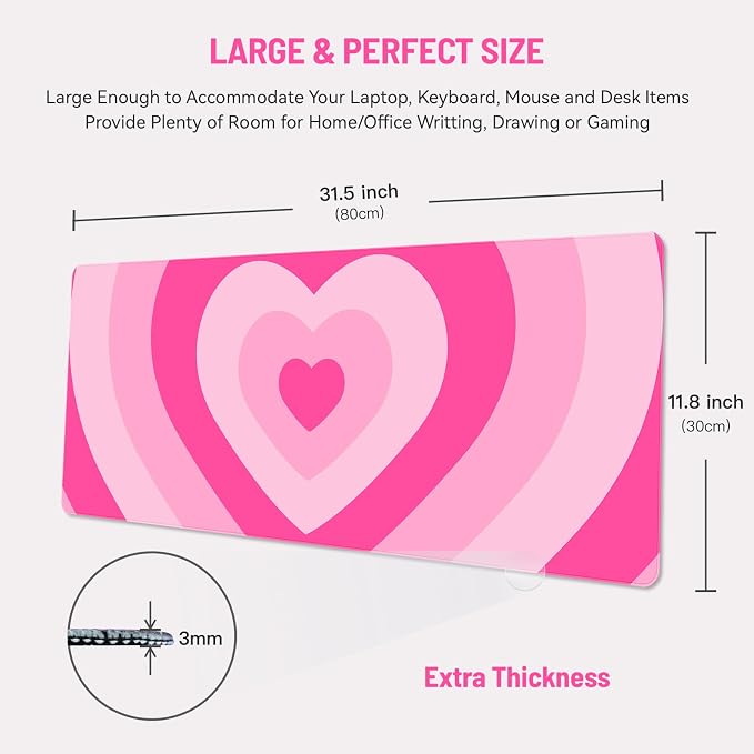 Mousepad Desk Mat Gaming Large Keyboard Cute Office Desktop Computer Laptop Hearts XXL Long Giant Big Kawaii Aesthetic Girly Pretty Design Women Girl Gamer Oversized Wide 30x12'' Mousepad
