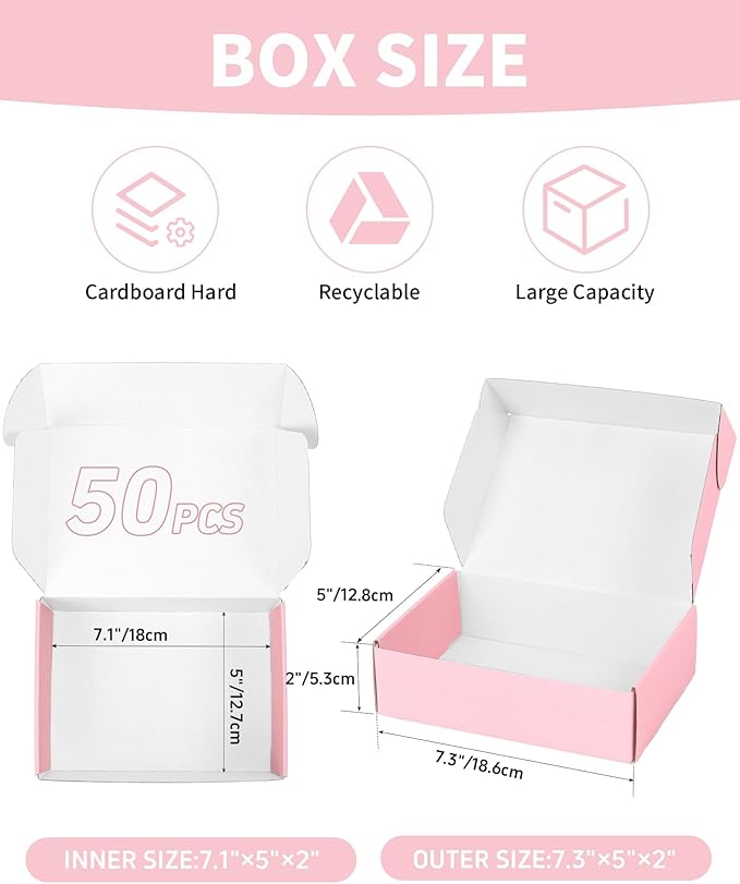 7x5x2 Inch Pink Shipping Boxes for Small Business, 50 Pack Small Corrugated Cardboard Boxes, Cute Mailer Packaging Boxes for Gift