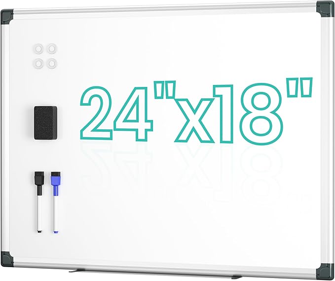 VUSIGN Magnetic Dry Erase Board for Wall, 24" x 18" Magnetic Whiteboard with Eraser, Markers, Magnets, Pen Tray, Marker Board for Home, Office, Students, Silver