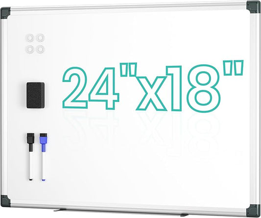 VUSIGN Magnetic Dry Erase Board for Wall, 24" x 18" Magnetic Whiteboard with Eraser, Markers, Magnets, Pen Tray, Marker Board for Home, Office, Students, Silver