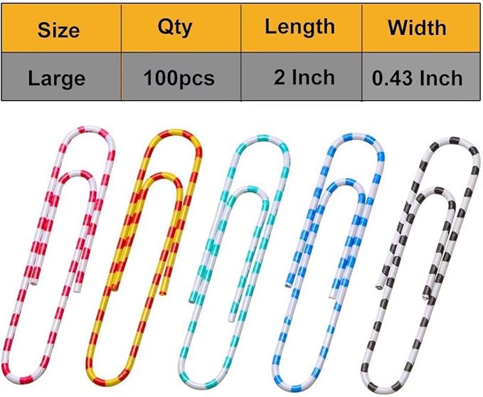Vinaco Color Stripe Paper Clips, 100 Pack 2 Inch (50 mm), Durable & Rust Resistant Jumbo Clips. Great for Office, School and Personal Use