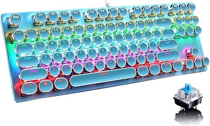 Mechanical Gaming Keyboard,87 Key Retro Punk Typewriter-Style,Blue Switch Rainbow Backlit Keyboard,Anti-Ghosting, USB Wired, for PC Laptop Desktop Computer, for Game and Office(Blue)