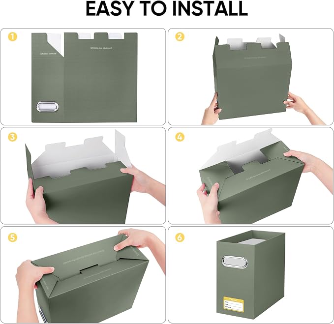 BALEINE File Organizer Box, Cardboard File Folder Organizer with Handle for Letter Size, Portable Collapsible Hanging Filing Box for Home Office Document Storage (1 Pack,Olive)