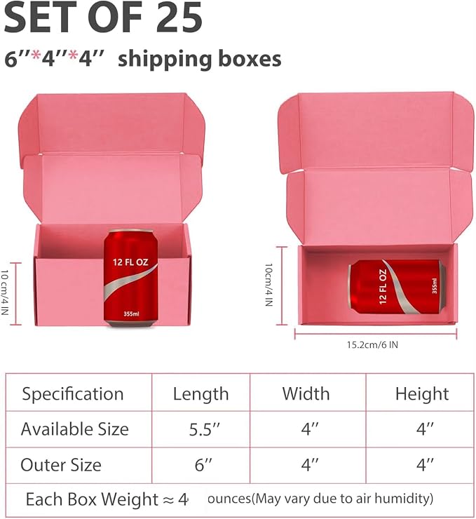 6x4x4 inch Pink Shipping Boxes for Small Business- Set of 25 | Sturdy ECT 32 Corrugated Cardboard Mailer Boxes, Easy Assemble for Packaging, Mailing, Gift