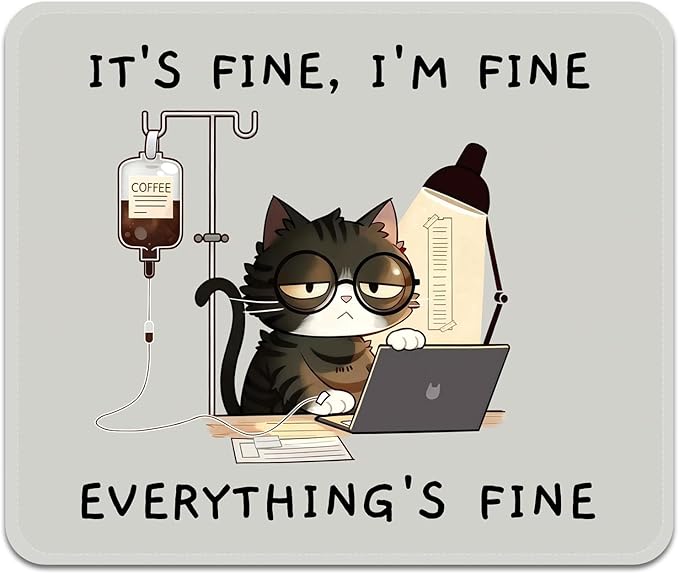 Mouse Pad with Stitched Edges - Funny Cat Mousepad for Women, 9.25 x 7.75 inch Washable Square Desk Pad, Non-Slip Rubber Base, Office Home Laptop Accessories - Overworked Kitty