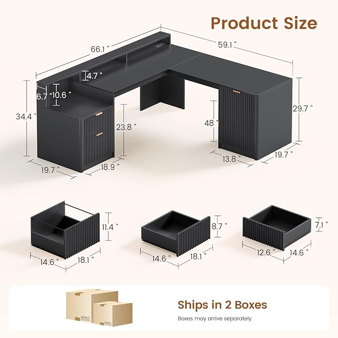 SEDETA 66" Modern L Shaped Desk with Drawers, Fluted Home Office Desk with File Cabinet & Printer Shelf, Wood Executive Desk with Monitor Stand, Power Outlets, Led Lights, Black