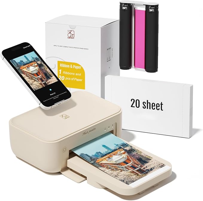 HPRT 4x6 Photo Printer with 20 Sheet Photo Paper& 1 Ribbon, Desktop Instant Picture Printer for iPhone, Smartphone, Thermal Dye Sublimation, WI-Fi Connnecting, Home Use, Beige