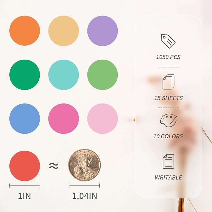 1" Colored Dot Stickers 1050 PCS Circle Round Coding Label | Used for manual labor in kindergartens, garage yard price sales, organizing activity color groups,marking spice bottles