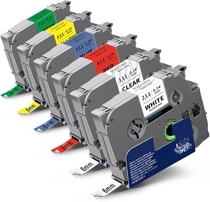 6-Pack Compatible for Brother Tze Tz Tape 6mm 0.23" Laminated Multi-Color | Tze211 Tze111 Tze411 Tze511 Tze611 Tze711 P Touch Tze Tz 6mm 1/4" Label Maker Tape for PTD220 PTH100 PTH110 PTD202 PTD210