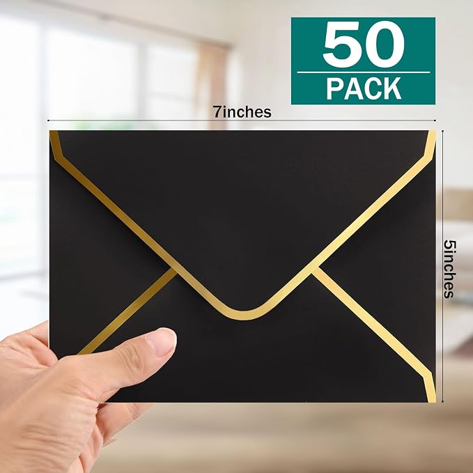 (50 Pack 5x7 Inch) Black Envelopes for Invitations with Gold Border, Self Adhesive A7 Envelopes with V-Flap, Great for Graduation, Invitation, Baby Shower, Wedding and RSVP Cards