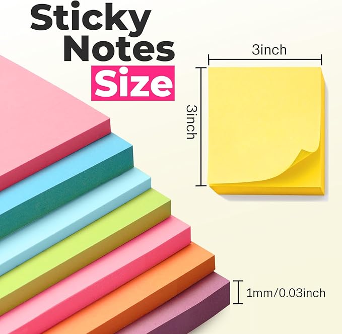 Sticky Notes 3x3 Inches, Bright Colors Self-Stick Pads, Easy to Post for Home, Office, Notebook,100 Sheets/pad (8 Pads)