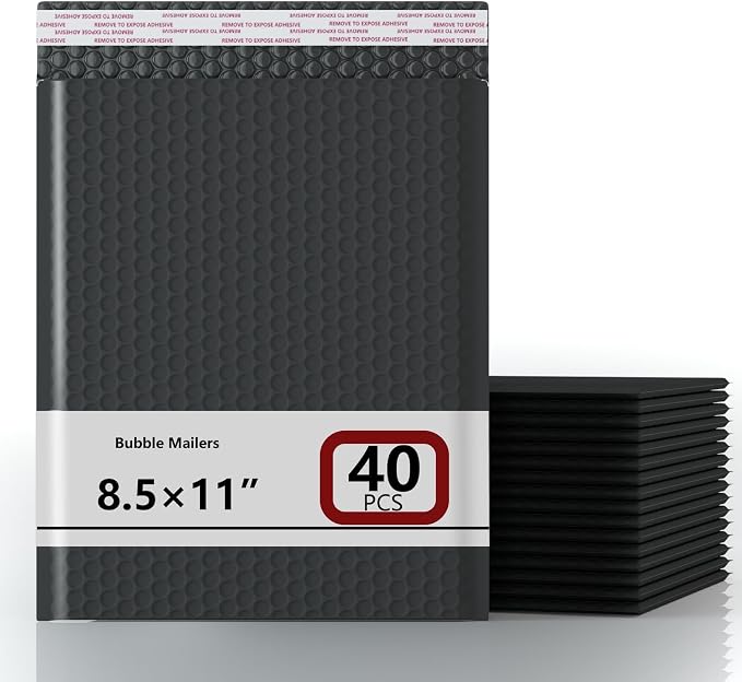 8.5x11 Inch Bubble Mailer 40 Pack, Waterproof Padded Envelopes with Strong Self-Seal Adhesive, Cushioning Shipping Bags with Bright Color for Small Business - Solid Black