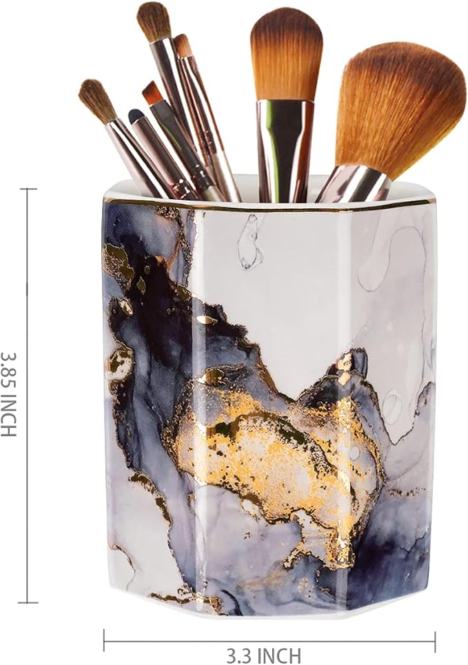 Ceramic Pen Holder for Desk Cute, Pencil Cup Pot Desk Organizer, Makeup Brush Holder for Women, Men, Kids, Desk Marble Decor for Office, Classroom, Home, Gray Golden