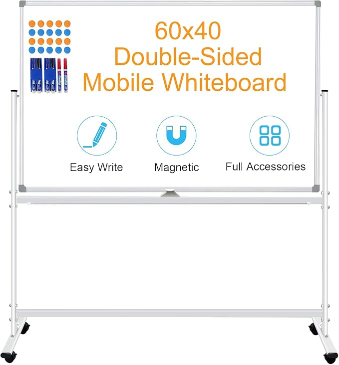 Magnetic Dry Erase White Board with Stands 60 x 40 Inch, Double-Sided 5' x 3' Large Rolling Whiteboard on Wheels Mobile Whiteboard Portable Stand Up White Board for Office, School, Home