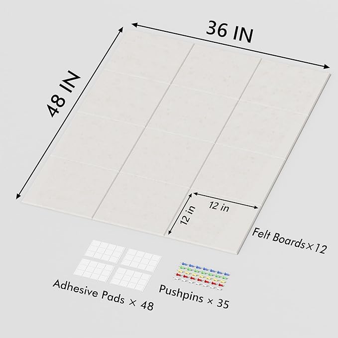 Large Cork Board for Wall, 48" x 36" Bulletin Board with Pushpins, 12 Panels Felt Tiles Tack Push Pin Board for Office, Light Tan