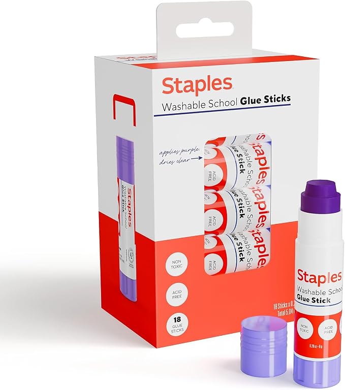 Staples Washable Glue Sticks, 0.28 Oz, Purple, 18-Pack | Easy-clean adhesive for school, crafts, and everyday home projects.