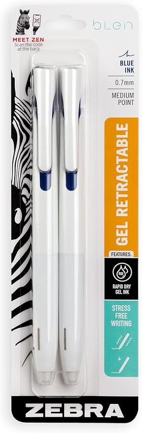 Zebra Pen, bLen Retractable Gel Pens, Medium Point 0.7mm, Blue Ink, White Barrels, Rapid Dry Gel Ink, Low Vibration for More Stable, Easier to Control Writing, Refillable, 2-Pack (41422)
