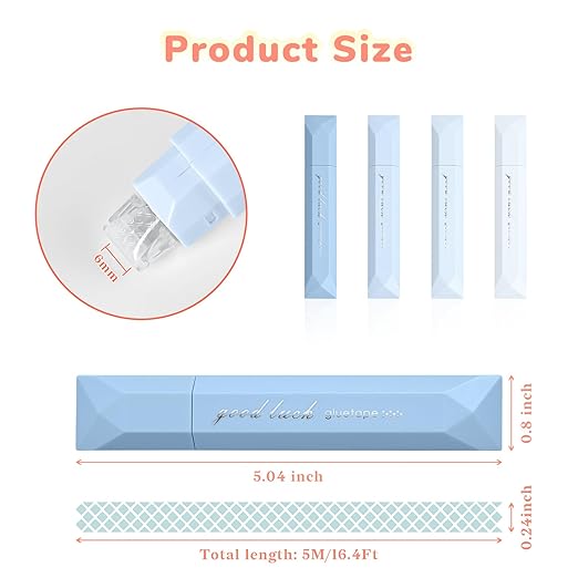 Temiary 4-Pack Double Sided Tape Roller, 6 mm x 196 Inch Adhesive Tape Glue Scrapbook Dispenser Runner for Scrapbooking Craft Supplies Office School (Blue)