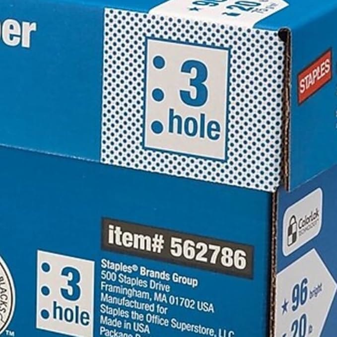 Staples 8.5" x 11" 3-Hole Punch Multipurpose Paper, 20 lbs., 96 Brightness, 500/Ream, 10 Reams/Carton