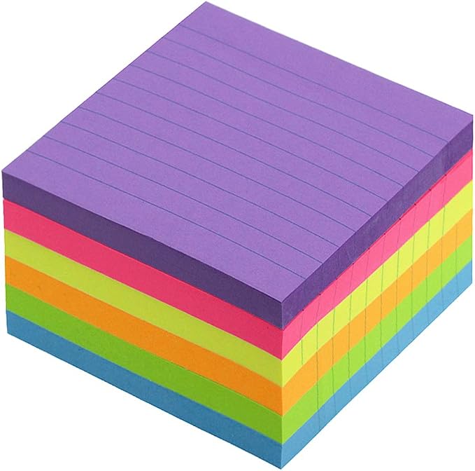 Early Buy Lined Sticky Notes 3x3, 6 Bright Colors, 6 Pads, 100 Sheets/Pad | 6 Bright Colored Lined Sticky Pads, Self-stick Repositionable Design, Great for lists, Memos, and Daily Organization