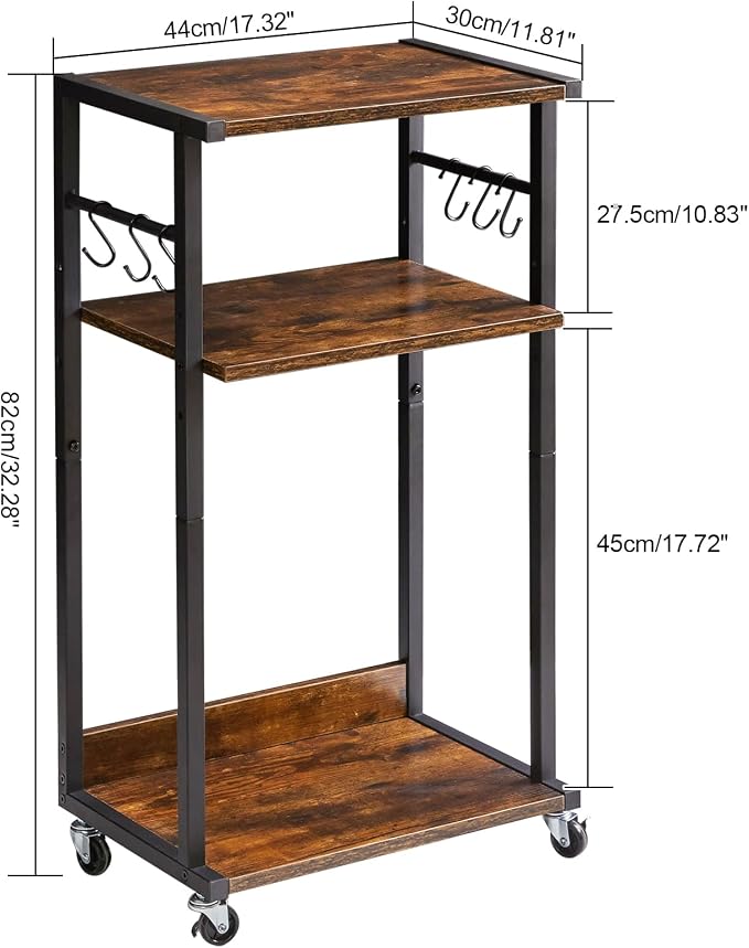 YMYNY 3-Tier Mobile Printer Stand 32.28*17.32*11.81" Rustic Brown HPT002H | Printer Cart with Adjustable Storage Shelf & 6 S-Hooks Tall Printer Table for Home Office,for Computer Tower Stand,Shredder