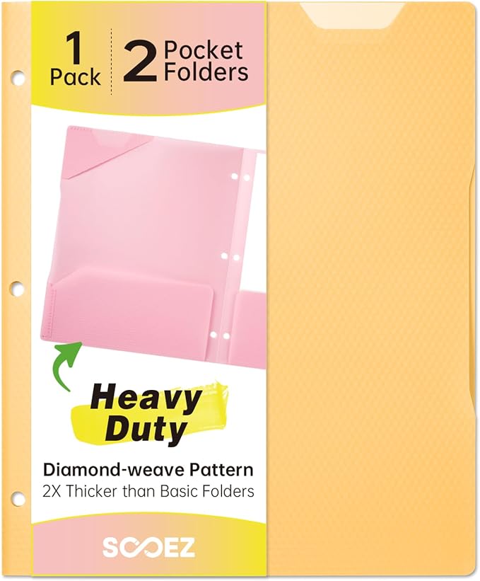 Sooez 2-Pocket Folders with Pockets, Plastic Heavy Duty, Fits 3-Ring Binder | 1 Pack Pockets Folder for 3 Ring Binder with Writable Label, Letter Size, Yellow