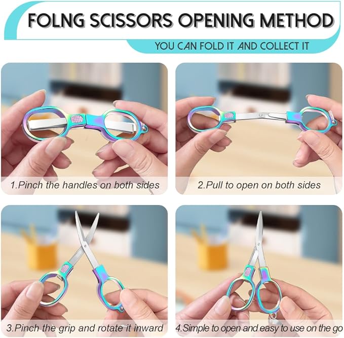 2PCS Folding Scissors, Color Stainless Steel Portable Travel Scissors, Foldable Pocket Badge Mini Small Scissor with 2 Key Ring, Gift for Men Safety Scissor for Outdoor, Fishing, Sewing, Home, Office