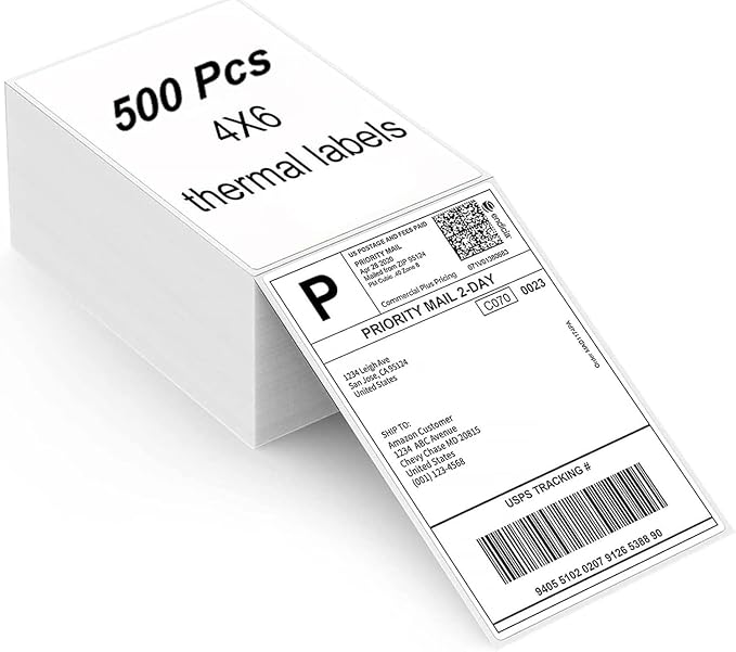 Thermal Direct Labels, 4"x6" Fanfold Thermal Label Printer Paper, Thermal Shipping Label Compatible with Zebra, MUNBYN and Rollo, Permanent Adhesive (500 Labels)