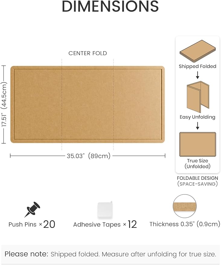 Fluxynara Bulletin Board, 35" x 17.5" Cork Board Alternative with 12 Safe Removable Adhesive Tabs, Foldable Felt Pin Board for Home Office, Classroom, Bedroom,Entryway for Walls— Mustard Yellow