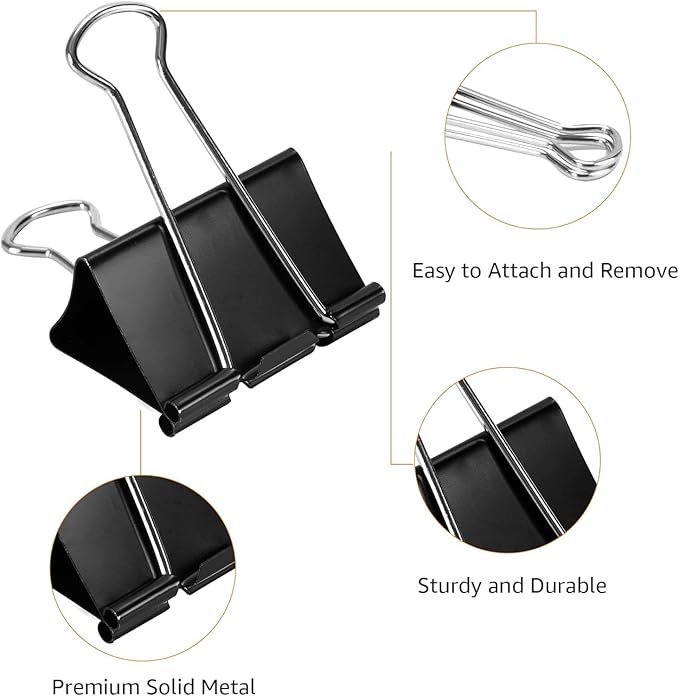 Amazon Basics Sturdy Binder Clips, Office Supplies, Large 2 in, Document Organizing, Black, 48 Count