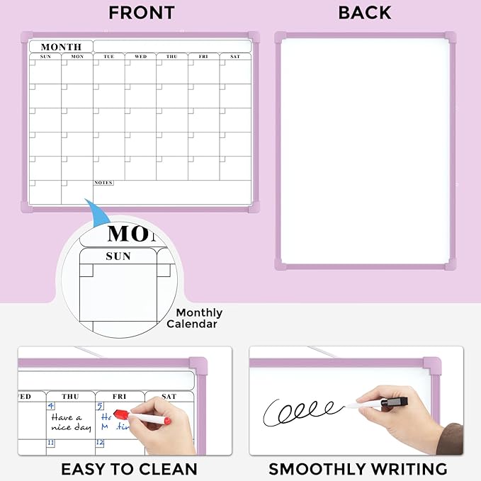 MaxGear Monthly Calendar Dry Erase Board for Wall, 16"x12" Small Hanging Double-Sided White Board, Portable Whiteboard for Planning, Drawing, Memo, to Do List, School, Home, Office, Purple Frame