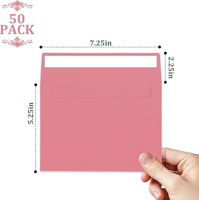 50 Packs A7 Envelopes,5x7 Envelopes for Invitations,5x7 Envelopes,Printable invitation envelope,Photos, postcards, greeting cards, mailings, Wedding Self-sealing Envelopes (pink)