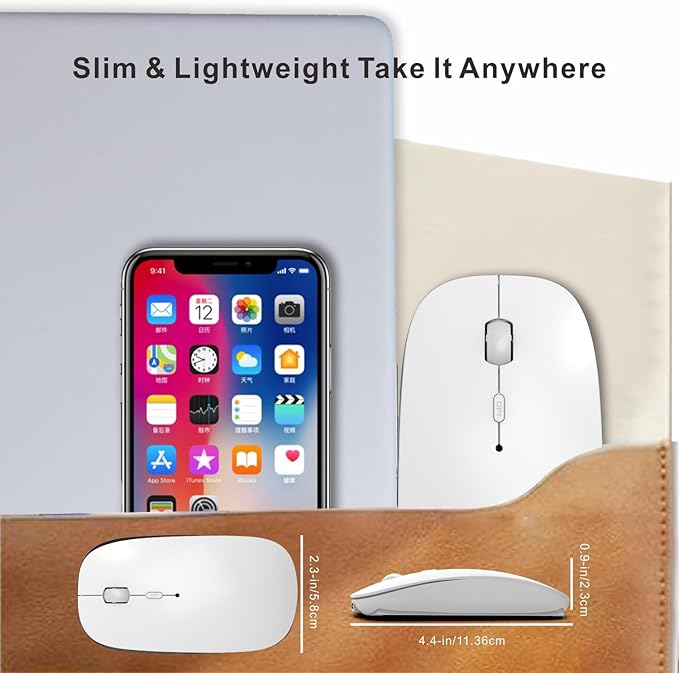 HOTDREAM Bluetooth Wireless Rechargeable Mouse for MacBook Pro/Air/iPad Air/iPad Pro/Laptop/Tablet/iPhone/PC, Bluetooth 5.2/3.0 and 2.4GHz Dual Mode Mouse (White)