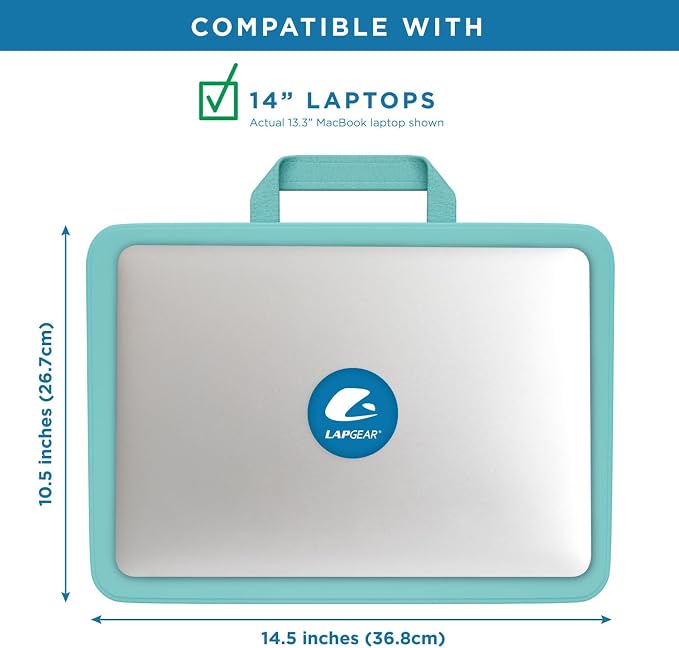 LAPGEAR Compact Lap Desk – Aqua Sky, Fits 14" Laptops | Microbead Cushion, Built-In Pencil Slot, Carry Handle, Fits Standard Letter-Size Paper (8.5" × 11")
