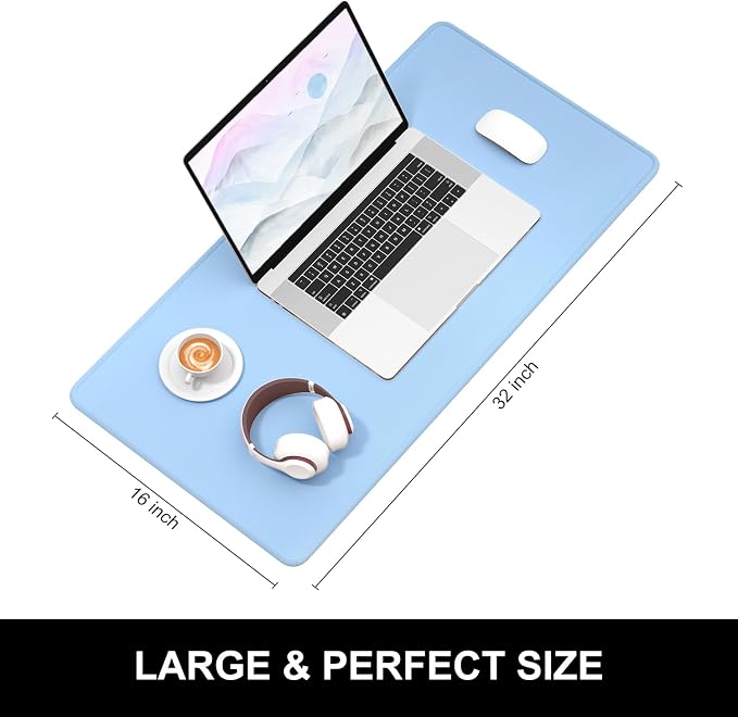 Hsurbtra Desk Pad, 32" x 16" Premium-Textured Desk Mat, Stitched Edge Anti-Slip Waterproof Rubber Mouse Pad, L Extended Computer Mat for Office Gaming Laptop Keyboard Sky Blue